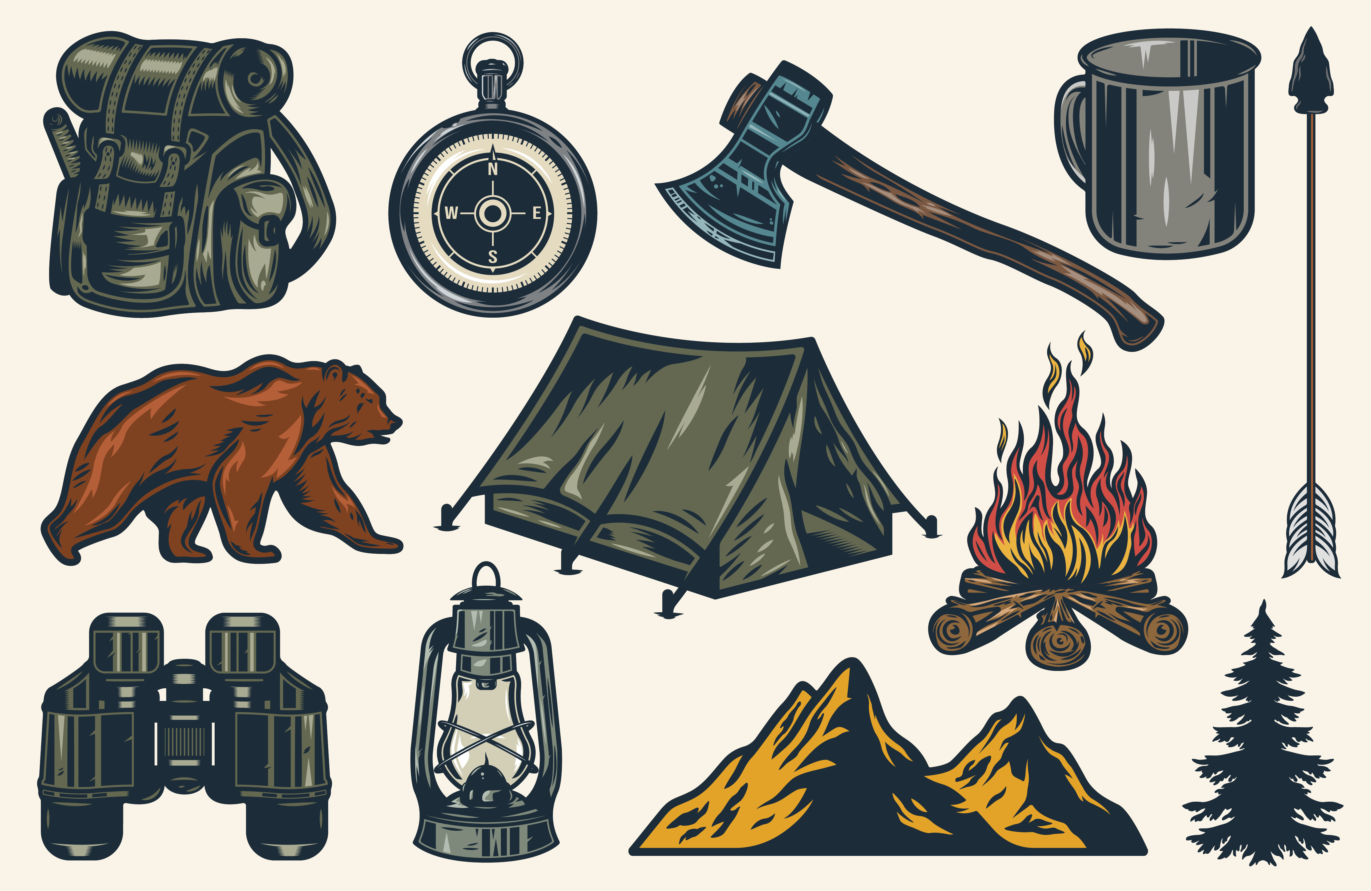 Camping activities: fire, canoe, chopping firewood, hiking boots