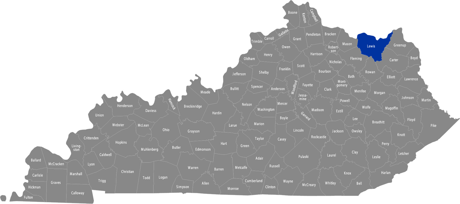 State of Kentucky map with Lewis County highlighted 